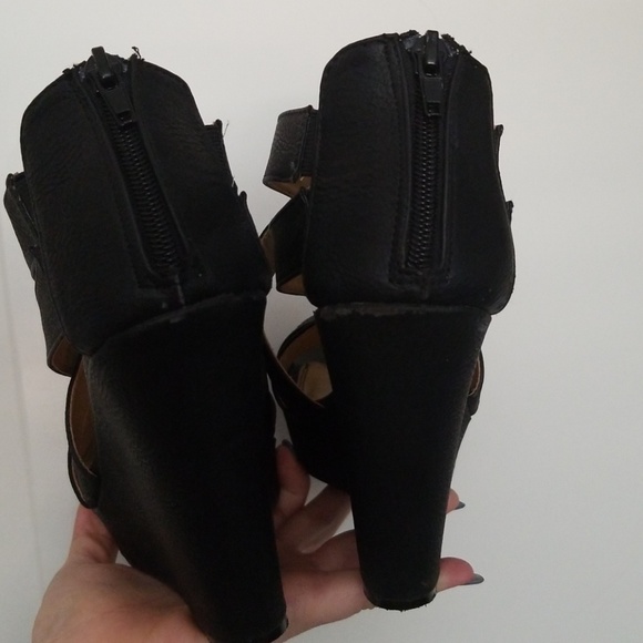 Black Faux Leather Strappy Criss Cross Wedges - Picture 5 of 7